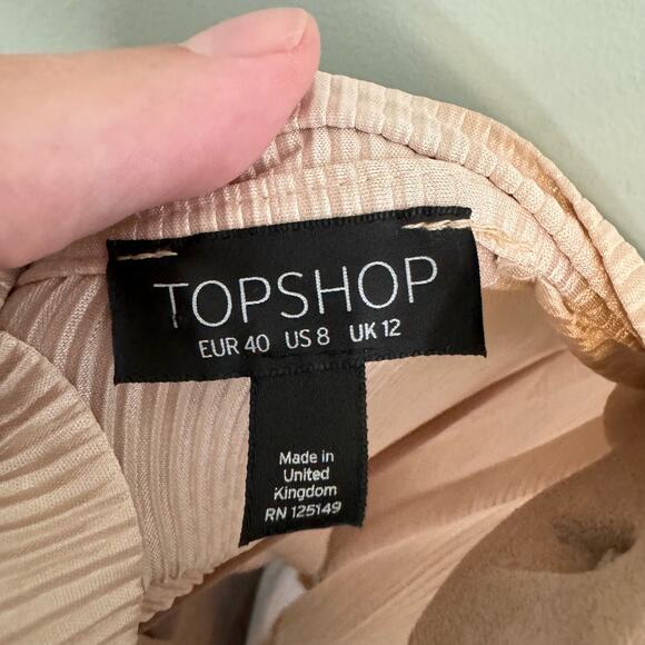 Topshop Plisse Batwing Splitback Top Womens 8 Tan Blouse Mock Neck Short Sleeve - Picture 8 of 10